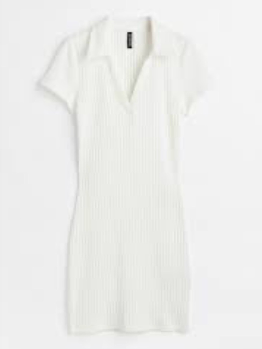 White Ribbed Knit Polo Dress Preppy V Neck Fitted Mini Midi Size M Fits S